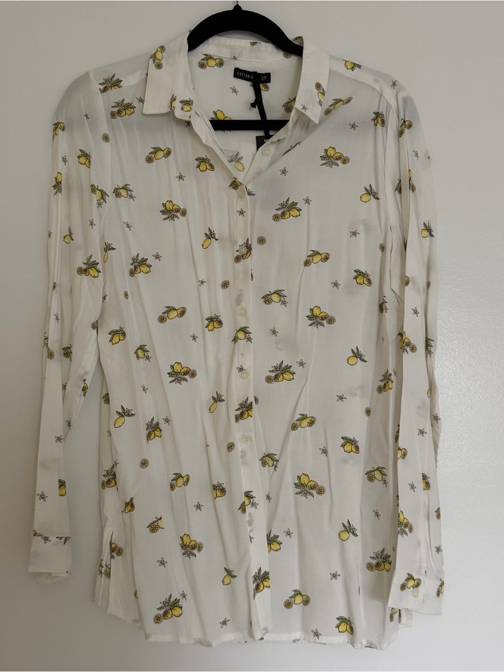 Cotton On Womens White Lemon-Print Button-Down Long Sleeves Shirt NWT Size Small